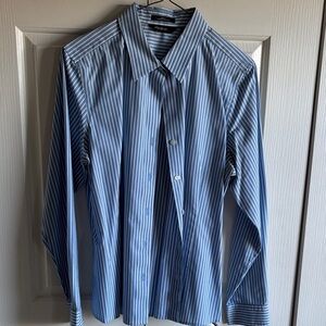 Eddie Bauer Women’s Tennis Blue and White Striped Dress Shirt size large.